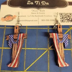 Patriotic Flag USA Cross Wood Earrings
